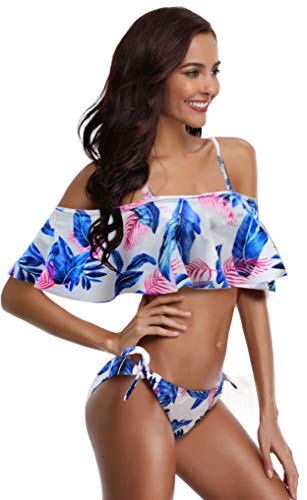SHEKINI Floral Flounce Bañador de Dos Piezas de Baño(X-Large,Hojas Azul Claro)