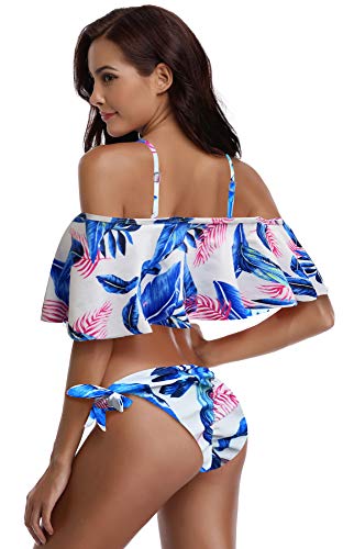 SHEKINI Floral Flounce Bañador de Dos Piezas de Baño(X-Large,Hojas Azul Claro)