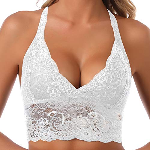 SHEKINI Lace Sujetador Mujer Halter Push-up Bralette Blonda Estilo Top Triangular de elástico Encaje Crochet Lace sin Aro con Relleno Sujetador no Ajustable