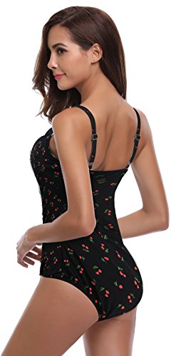 SHEKINI Mujer Ajustable Traje de baño Relleno Bañador Arruga de una Pieza Push up Malla (M, Impresión de Cereza)
