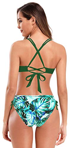 SHEKINI Mujer Bañador de Dos Piezas Deportivo Halter Torcido Bikini Top Ajustable Bikini Dos Piezas Elegante Cintura Baja Impreso Triángulo Bikini Bottoms(C-Verde Y, XS)
