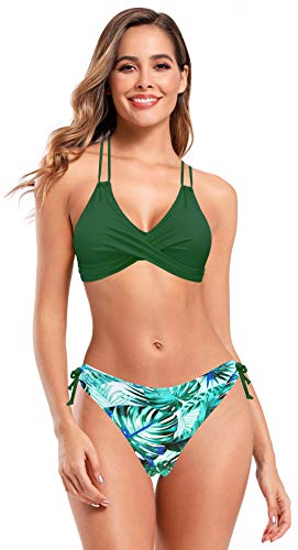 SHEKINI Mujer Bañador de Dos Piezas Deportivo Halter Torcido Bikini Top Ajustable Bikini Dos Piezas Elegante Cintura Baja Impreso Triángulo Bikini Bottoms(C-Verde Y, XS)