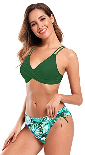 SHEKINI Mujer Bañador de Dos Piezas Deportivo Halter Torcido Bikini Top Ajustable Bikini Dos Piezas Elegante Cintura Baja Impreso Triángulo Bikini Bottoms(C-Verde Y, XS)
