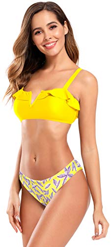 SHEKINI Mujer Bañador de Dos Piezas Traje de Baño Dividido Bikinis Conjuntos Mujer Traje Pequeño con Cuello en V con Volantes Bañador Estampado (S, Amarillo Limón)