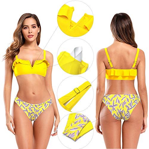 SHEKINI Mujer Bañador de Dos Piezas Traje de Baño Dividido Bikinis Conjuntos Mujer Traje Pequeño con Cuello en V con Volantes Bañador Estampado (S, Amarillo Limón)