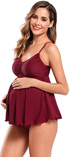 SHEKINI Mujer Bañador de Maternidad Traje de Baño Dividido Trajes de Baño Tankini Raje de Baño Talla Grande Ropa de Playa para Mujer (XL, Vino Tinto)
