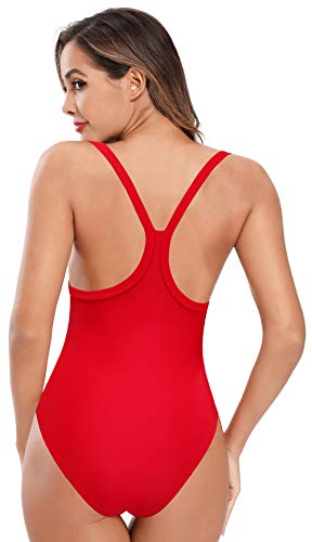 SHEKINI Mujer Bañador de Una Pieza Deportivo Sin Respaldo Nervaduras Correas de Hombro Bikinis de Playa Triángulo Color Sólido Trajes de Baño de Una Pieza (L,Rojo-2)