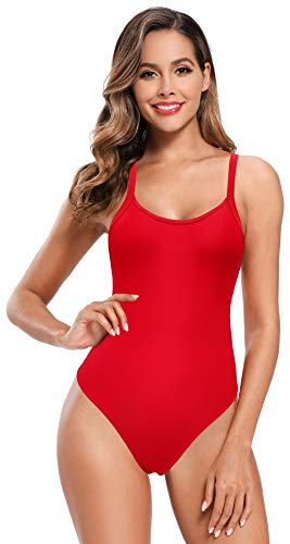 SHEKINI Mujer Bañador de Una Pieza Deportivo Sin Respaldo Nervaduras Correas de Hombro Bikinis de Playa Triángulo Color Sólido Trajes de Baño de Una Pieza (L,Rojo-2)