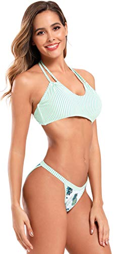 SHEKINI Mujer Bikini Bañador de Dos Piezas Trajes de Baño Divididos Estampados a Rayas (S, Verde)
