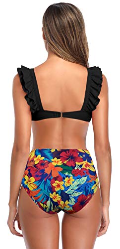 SHEKINI Mujer Bikini Dividido Traje de Baño de Dos Piezas Estampado de Cintura Alta Bañador (M, Negro)