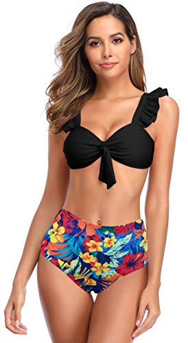 SHEKINI Mujer Bikini Dividido Traje de Baño de Dos Piezas Estampado de Cintura Alta Bañador (M, Negro)