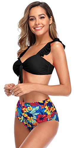 SHEKINI Mujer Bikini Dividido Traje de Baño de Dos Piezas Estampado de Cintura Alta Bañador (M, Negro)