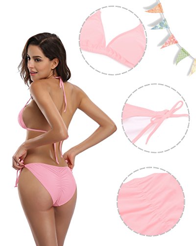 SHEKINI Mujer de Lazo Lateral de la Parte Inferior Push Up Remata Superior Triángulo Bikini Bañador (X-Small, Rosa)