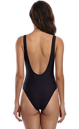 SHEKINI Mujer Deep V Desmontable Relleno Almohadilla Bañador Trajes de baño de una Pieza (Medium, Negro-2)