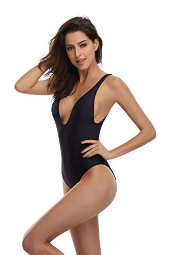 SHEKINI Mujer Deep V Desmontable Relleno Almohadilla Bañador Trajes de baño de una Pieza (Medium, Negro-2)