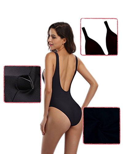 SHEKINI Mujer Deep V Desmontable Relleno Almohadilla Bañador Trajes de baño de una Pieza (Medium, Negro-2)
