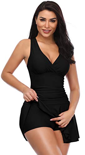 SHEKINI Mujer Espalda Criss Cross Retro Deep V Bañador con Falda Traje de Baño de Una Pieza Monokini con Shorts (Small, Negro)