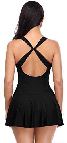 SHEKINI Mujer Espalda Criss Cross Retro Deep V Bañador con Falda Traje de Baño de Una Pieza Monokini con Shorts (Small, Negro)