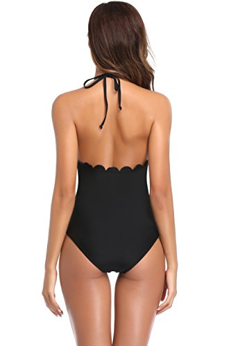 SHEKINI Mujer Halter Bañador Traje de Baño Relleno Encaje Bikini Monokini una Pieza (Medium, Negro)