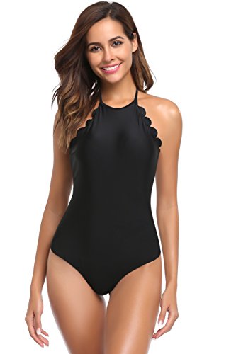 SHEKINI Mujer Halter Bañador Traje de Baño Relleno Encaje Bikini Monokini una Pieza (Medium, Negro)