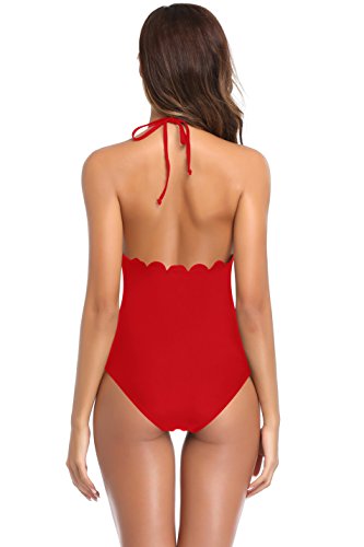 SHEKINI Mujer Halter Bañador Traje de Baño Relleno Encaje Bikini Monokini una Pieza (Medium, Rojo)