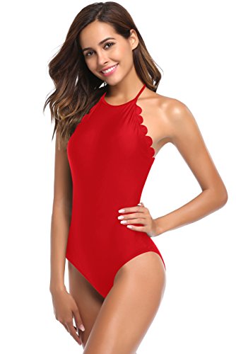 SHEKINI Mujer Halter Bañador Traje de Baño Relleno Encaje Bikini Monokini una Pieza (Medium, Rojo)