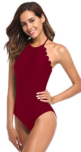 SHEKINI Mujer Halter Bañador Traje de Baño Relleno Encaje Bikini Monokini una Pieza (S, Vino Tinto)