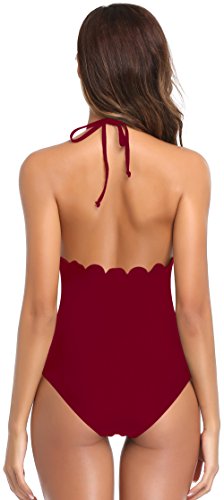 SHEKINI Mujer Halter Bañador Traje de Baño Relleno Encaje Bikini Monokini una Pieza (S, Vino Tinto)