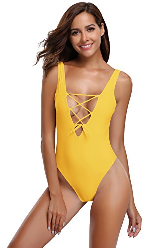 SHEKINI Mujer Malla Ajustable Lazada Bikini Traje de baño de una Pieza Bañador (Medium, Amarillo)
