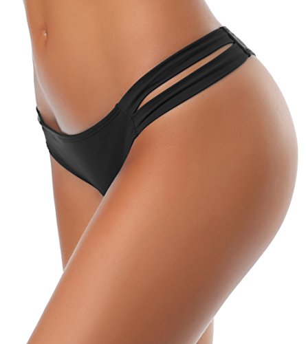 SHEKINI Mujer Tanga Brasileño Braguitas Braga de Bikini Traje de baño Bañador (S,Negro-A)