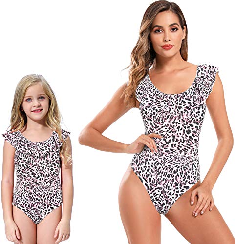 SHEKINI Mujer Traje de Baño de una Pieza Borde de Hoja de Loto Juguetón Bañadores Impresión de Estilo Brasileño Traje de Baño (M, Leopardo)