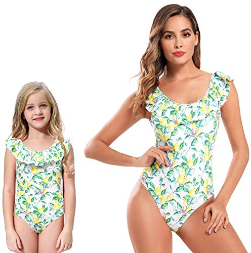 SHEKINI Mujer Traje de Baño de una Pieza Borde de Hoja de Loto Juguetón Bañadores Impresión de Estilo Brasileño Traje de Baño (XL, Limón)