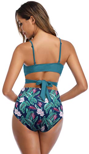 SHEKINI Mujer Traje de Baño de Una Pieza Front Vross Bandage Bikini Floral Impressión Cintura Alta Push Up Traje de Baño para Mujer (Small, Verde Oscuro)