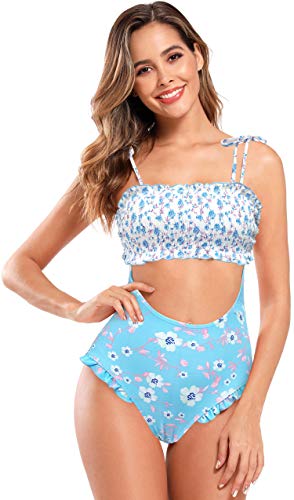 SHEKINI Mujer Trajes de una Pieza Impresión Bañador de Mujer Bikini Ropa de Baño de Una Pieza Multicolor (XL, Azul)