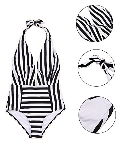 SHEKINI Mujer V-Cuello Bañador Almohadillas Trajes de Baña Halter de una Pieza Monokini (Negro de Rayas, X-Large)