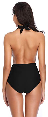 SHEKINI Mujer V-Cuello Bañador Almohadillas Trajes de Baña Halter de una Pieza Monokini (Negro-S, Medium)