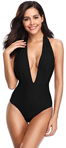 SHEKINI Mujer V-Cuello Bañador Almohadillas Trajes de Baña Halter de una Pieza Monokini (Negro-S, Medium)