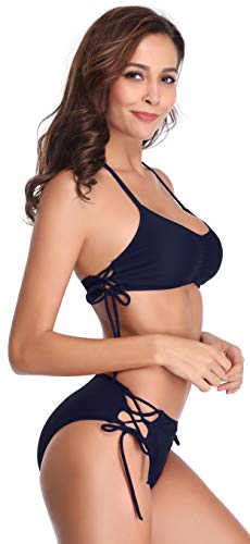 SHEKINI Mujeres Bikini Push up decoración del hogar de Dos Piezas Trajes de baño Bikini Mujer Bikini de culotes Amarillo Vendas de Bikini brasileño(Large, Azul Oscuro)
