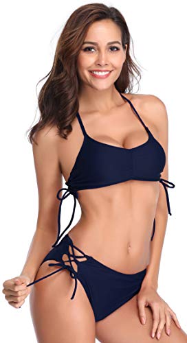 SHEKINI Mujeres Bikini Push up decoración del hogar de Dos Piezas Trajes de baño Bikini Mujer Bikini de culotes Amarillo Vendas de Bikini brasileño(Large, Azul Oscuro)
