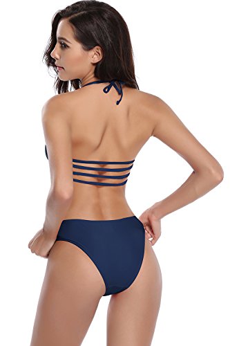 SHEKINI Mujeres Bikini Push Up Relleno Relleno Strappy Halter bañador de Dos Piezas Trajes de baño (Large, Azul Oscuro)