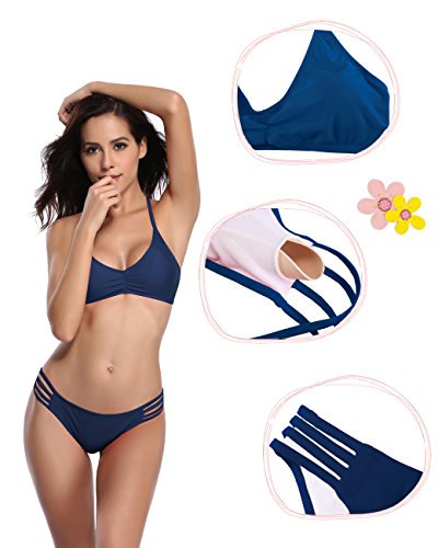 SHEKINI Mujeres Bikini Push Up Relleno Relleno Strappy Halter bañador de Dos Piezas Trajes de baño (Large, Azul Oscuro)