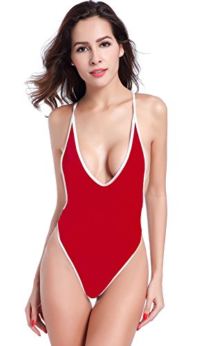 SHEKINI Mujeres Tanga Bañador Trajes de una Pieza Brasileño Bikini Traje de baño (Medium, Rojo)