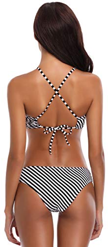 SHEKINI Mujeres Trajes de Baño Cuello Alto Impresión Stripe String Bikini Traje de Baño de Dos Piezas (Large, Franja Negro-Blanca)