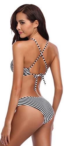 SHEKINI Mujeres Trajes de Baño Cuello Alto Impresión Stripe String Bikini Traje de Baño de Dos Piezas (Large, Franja Negro-Blanca)