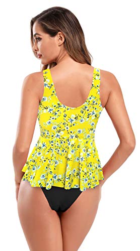 SHEKINI Traje de Baño Acolchado con Cuello En V y Estampado Tankinis para Mujer Traje de Baño de Una Pieza Traje de Baño con Dobladillo con Volantes(Amarillo,S)