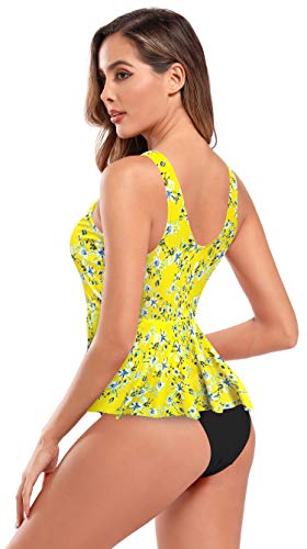 SHEKINI Traje de Baño Acolchado con Cuello En V y Estampado Tankinis para Mujer Traje de Baño de Una Pieza Traje de Baño con Dobladillo con Volantes(Amarillo,S)