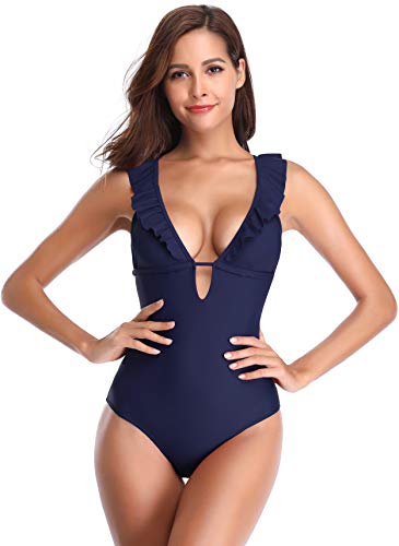SHEKINI Traje de Baño Mujer Una Pieza Bikini Rizado Atractivo de Mujeres de Baño Push Up Sujetador Acolchado Traje de Una Pieza Mujer (S,Azul Oscuro)