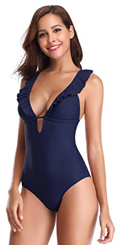 SHEKINI Traje de Baño Mujer Una Pieza Bikini Rizado Atractivo de Mujeres de Baño Push Up Sujetador Acolchado Traje de Una Pieza Mujer (S,Azul Oscuro)
