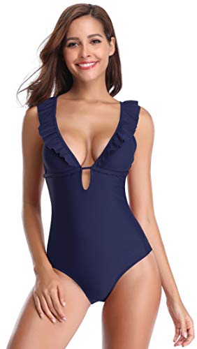 SHEKINI Traje de Baño Mujer Una Pieza Bikini Rizado Atractivo de Mujeres de Baño Push Up Sujetador Acolchado Traje de Una Pieza Mujer (S,Azul Oscuro)