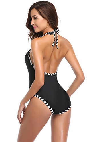SHEKINI Traje de Una Pieza Mujer Bikini Ropa de Baño con Cremallera Corte Alto Monokini （L,Negro）